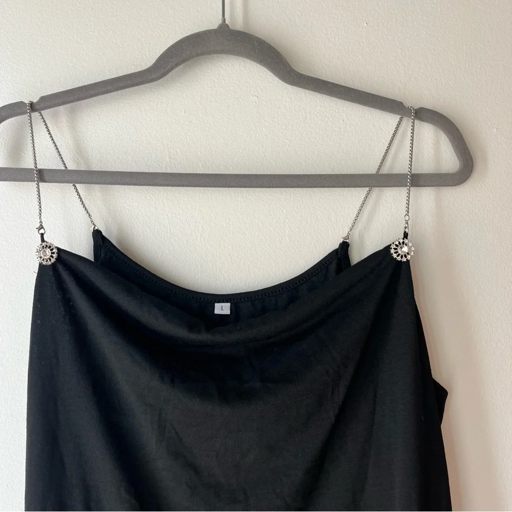 Black Slip Dress L – Rhinestone Chain Strap Midi Cocktail Evening Party Dress - Picture 2 of 7